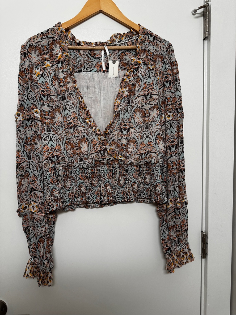 Anthropologie Floral V-Neck Smocked Waist Top - Brown & Gray